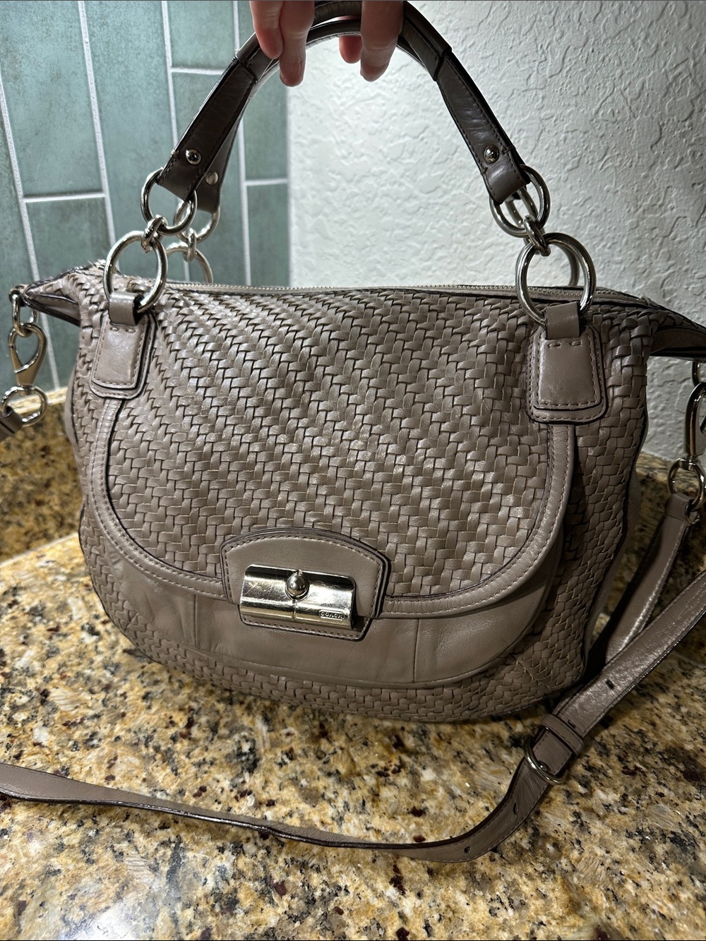 Coach Kristen Woven Leather Shoulder Satchel in Taupe Gray with pink interior - Picture 3 of 16